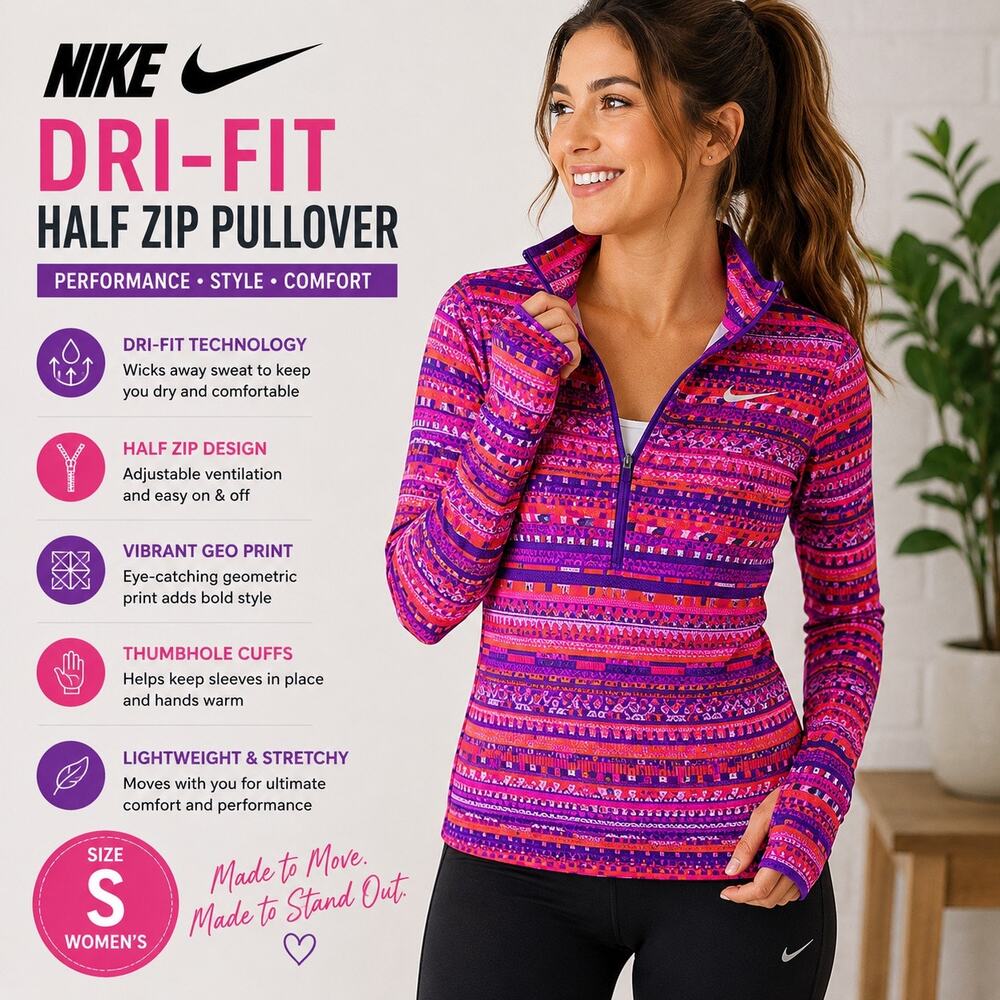 Nike Dri FIT Pullover Top Small Geometric Print Half Zip Long Sleeve Athletic